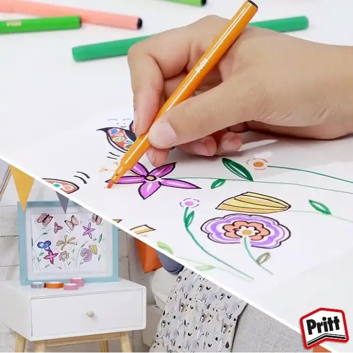 Pritt Keçeli Kalemler, çocuk dostu zararsız boya, su bazlı renkli kalem, silinebilir boya kalemi, dayanıklı kırtasiye malzemesi, 12 Renkli Paket