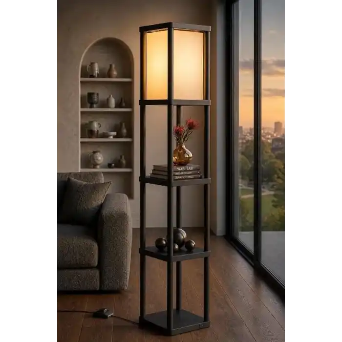 Dekoratif Raflı Lambader Siyah, 135 cm Modern Sehpalı Lambader, E27 Duy Uyumlu, 23x23 cm Raflı Salon Yatak Odası Ofis Aydınlatma