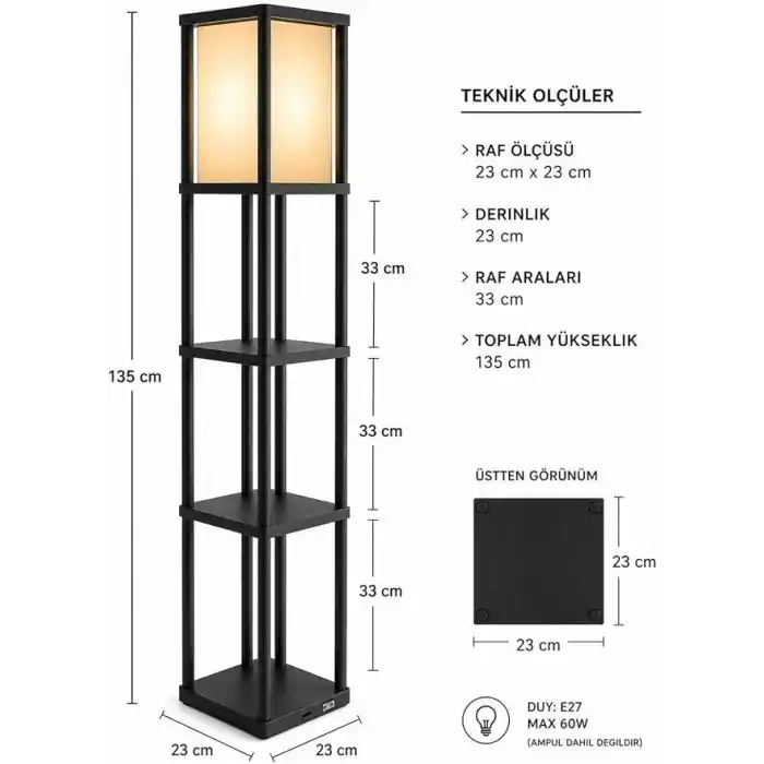 Dekoratif Raflı Lambader Siyah, 135 cm Modern Sehpalı Lambader, E27 Duy Uyumlu, 23x23 cm Raflı Salon Yatak Odası Ofis Aydınlatma
