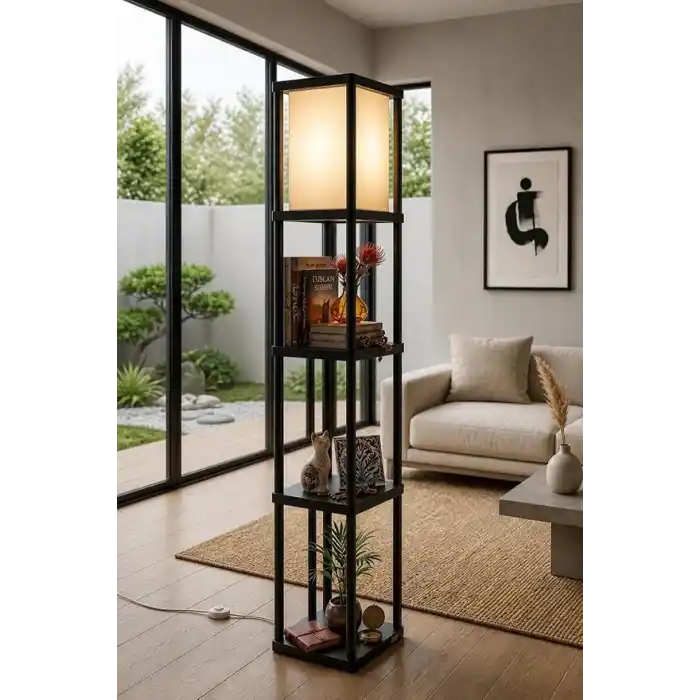 Dekoratif Raflı Lambader Siyah, 135 cm Modern Sehpalı Lambader, E27 Duy Uyumlu, 23x23 cm Raflı Salon Yatak Odası Ofis Aydınlatma