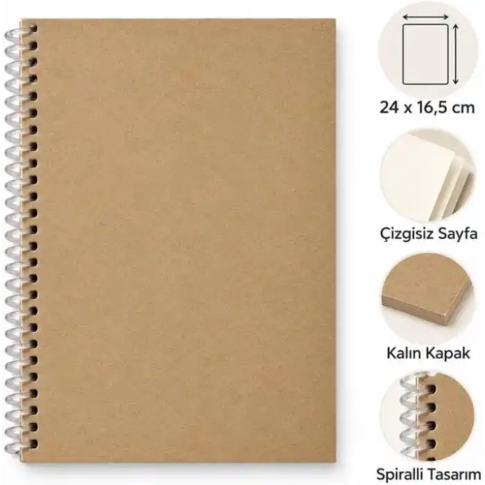Kraft Kapaklı Spiralli Çizgisiz Defter, 24x16,5 cm, 100 Yaprak