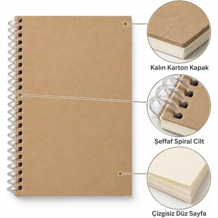 Kraft Kapaklı Spiralli Çizgisiz Defter, 24x16,5 cm, 100 Yaprak