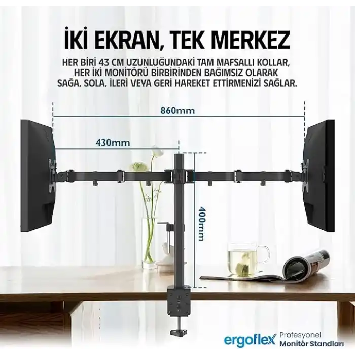 Ergoflex EF52 Steel Design 2-8 kg Çift Kol 13-27 Asansörlü Monitör Standı