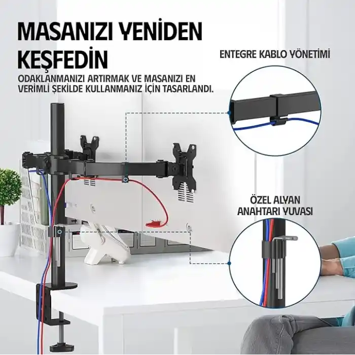 Ergoflex EF52 Steel Design 2-8 kg Çift Kol 13-27 Asansörlü Monitör Standı