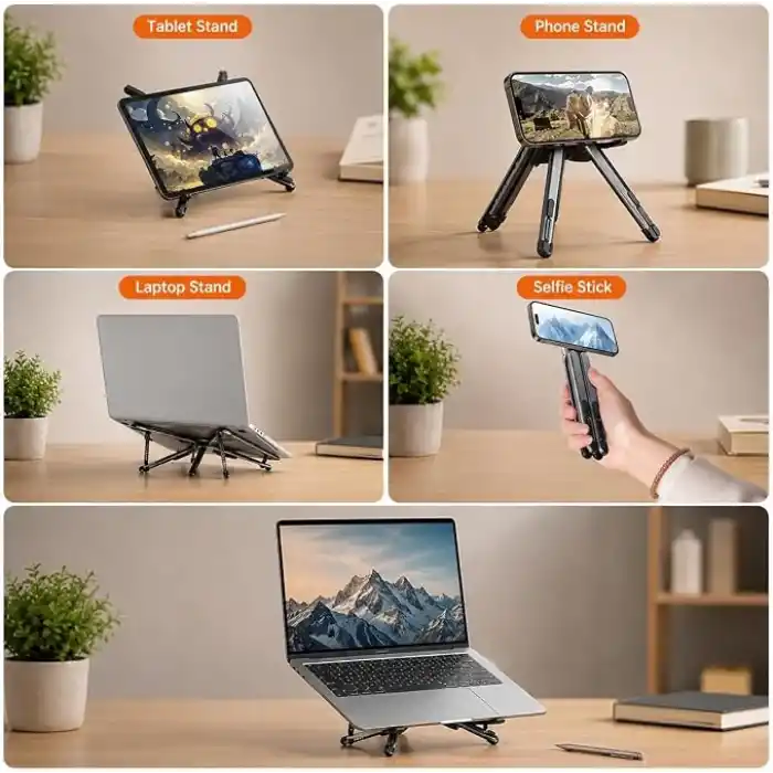 McStorey Katlanabilir Laptop Standı, Tablet ve Telefon Standı, 4ü 1 Arada Çok Açılı Ayarlanabilir Notebook Sehpası, Selfie Stick Özellikli, Taşınabilir Masaüstü Standı, Gri