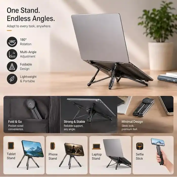 McStorey Katlanabilir Laptop Standı, Tablet ve Telefon Standı, 4ü 1 Arada Çok Açılı Ayarlanabilir Notebook Sehpası, Selfie Stick Özellikli, Taşınabilir Masaüstü Standı, Gri