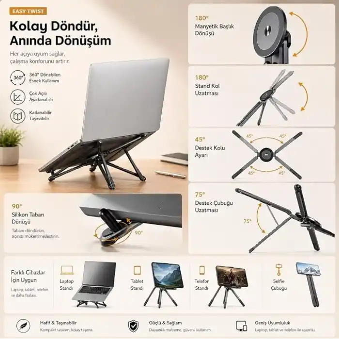 McStorey Katlanabilir Laptop Standı, Tablet ve Telefon Standı, 4ü 1 Arada Çok Açılı Ayarlanabilir Notebook Sehpası, Selfie Stick Özellikli, Taşınabilir Masaüstü Standı, Gri