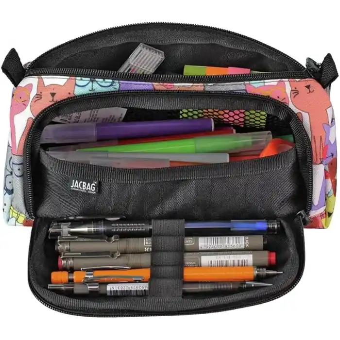 JACBAG PRIME XL-LASTİK AYRAÇLI İKİ BÖLMELİ KALEM KUTUSU (Sarı Kedi)