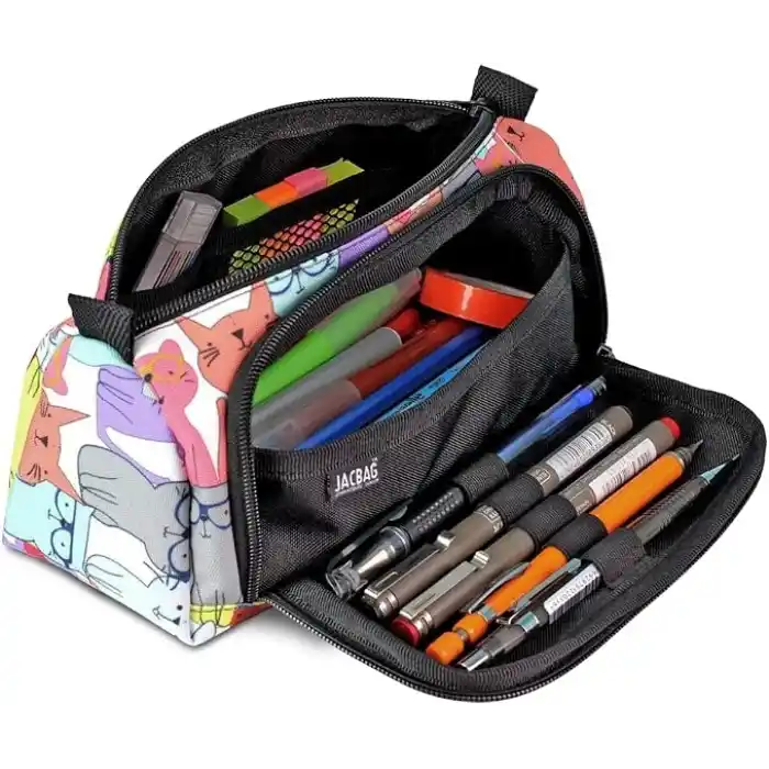 JACBAG PRIME XL-LASTİK AYRAÇLI İKİ BÖLMELİ KALEM KUTUSU (Sarı Kedi)