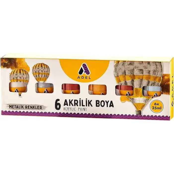 Adel Akrilik Boya Seti, 6’lı, 25 ml, Metalik Renkler, Yoğun Pigmentli, Su ile İnceltirilebilir, Çok Yüzeyli Kullanım
