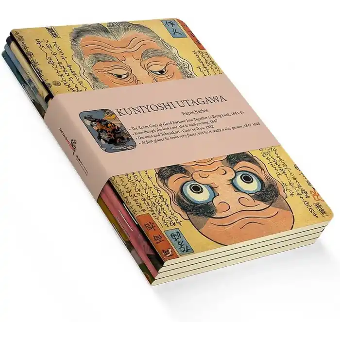 Retronote Faces Series - A5, Kuniyoshi Utagawa 4lü Defter Seti I, Çizgisiz, Toplam 256 Sayfa, Her biri 64 Sayfa, Tel Dikiş, Esnek Kapak, Oval Kenar, Tuval Doku, 60 gram, Sarı Krem Renk, çok renkli