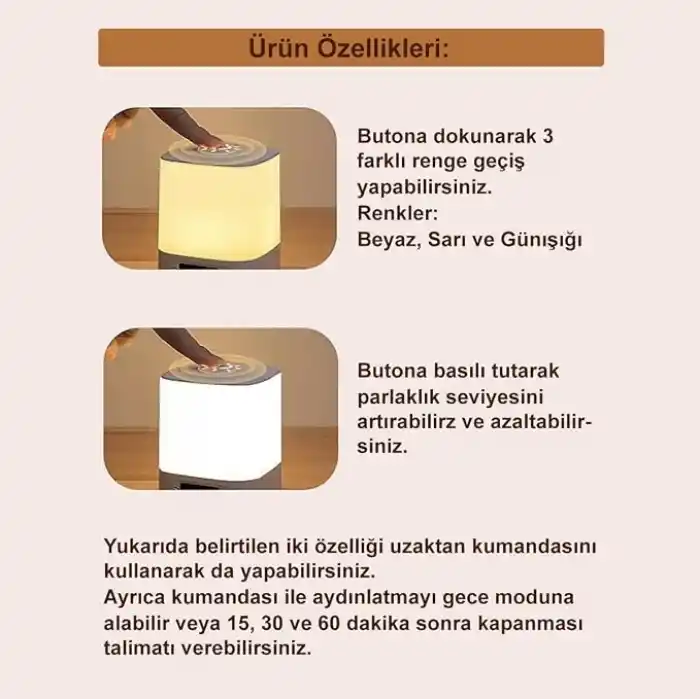 GreenTech Şarjlı Gece Lambası Dokunmatik Kare, Beyaz, 11 cm, GT-CL09