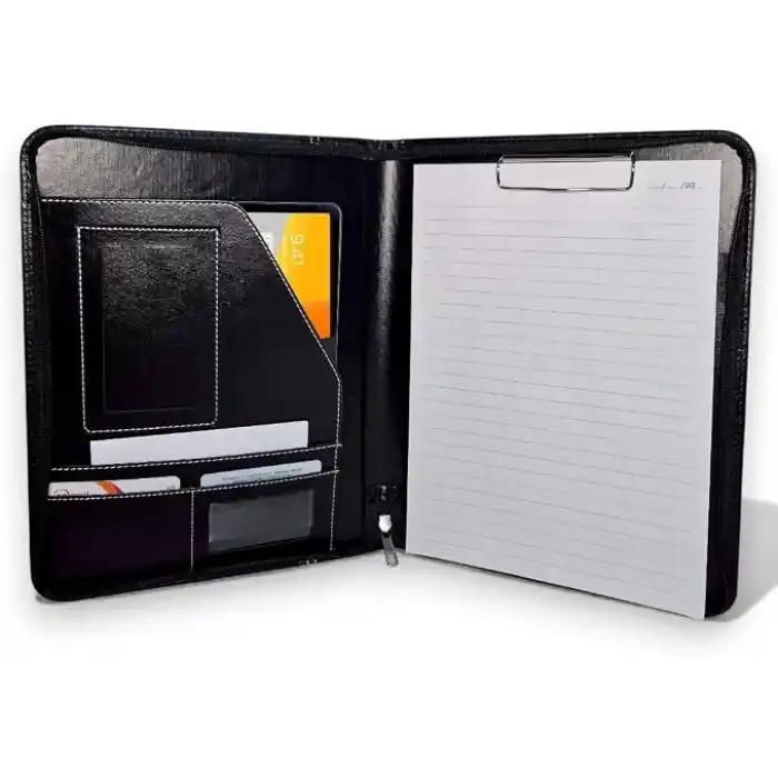 Coverzone Premium Suni Deri Sekreterlik – Mandallı Evrak Tutucu, Tablet Bölmeli Organizer, Çok Gözlü Evrak Dosyası (Hesap Makinesiz Model), Fermuarlı (32.5 × 25 cm), Siyah