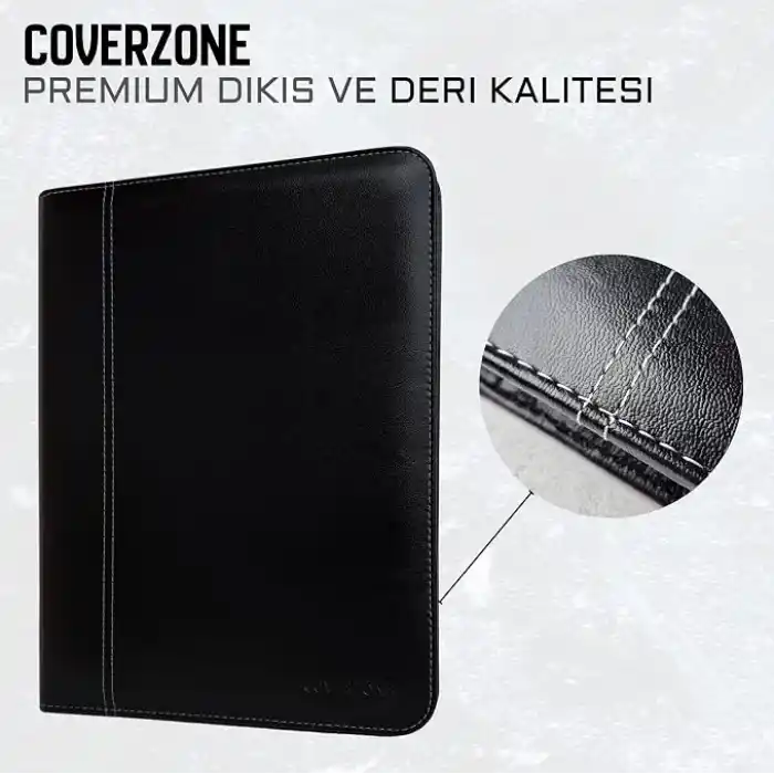 Coverzone Premium Suni Deri Sekreterlik – Mandallı Evrak Tutucu, Tablet Bölmeli Organizer, Çok Gözlü Evrak Dosyası (Hesap Makinesiz Model), Fermuarlı (32.5 × 25 cm), Siyah