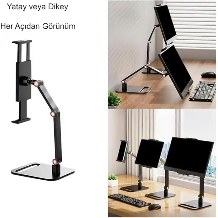 TriLine Monitör Tablet iPad Telefon Tutucu 12-16 İnç Universal Metal 360° Derece Döner Stand