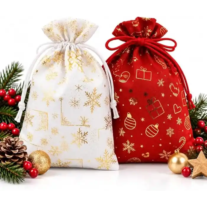 2’li Set 17x23 cm Yılbaşı Hediye Kesesi – Kırmızı & Beyaz Altın Yaldızlı Noel Temalı Kumaş Çanta | Yılbaşı Hediye Paketi Kesesi