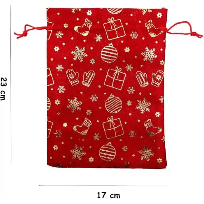 2’li Set 17x23 cm Yılbaşı Hediye Kesesi – Kırmızı & Beyaz Altın Yaldızlı Noel Temalı Kumaş Çanta | Yılbaşı Hediye Paketi Kesesi