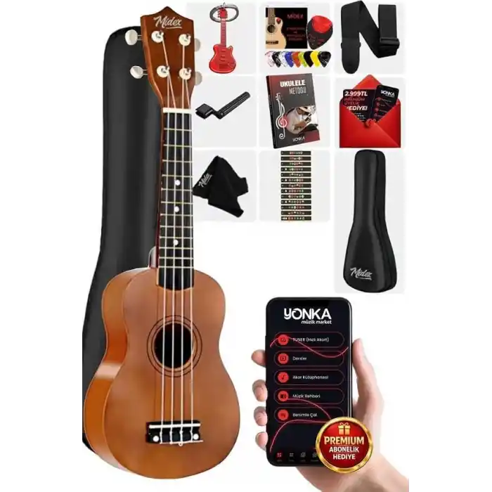 Midex UKX-901M Brown Soprano Ukulele (Askı Çanta Metod Pena)