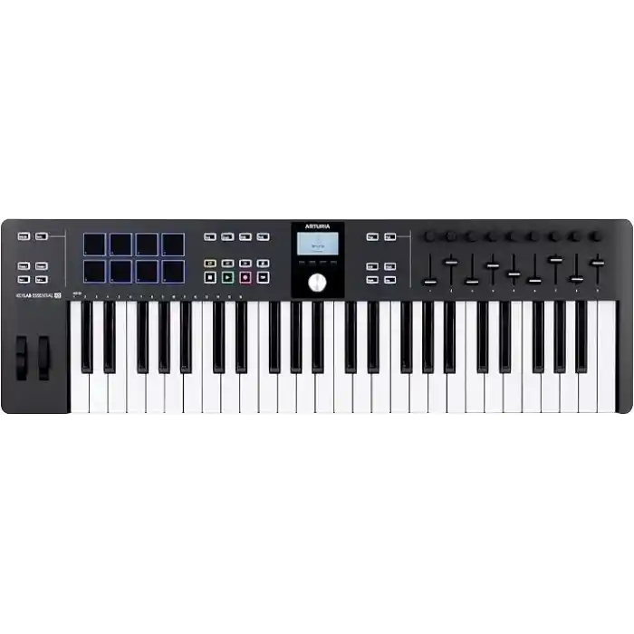 Arturia – Keylab Essential 49 mk3 | Müzik Prodüksiyonu İçin MIDI kontrolcü, Kapsamlı Yazılım Paketi, 49-Tuş, 9 Encoder, 9 Fader, 1 Modülasyon Tekerleği, 1 Pitch Bend Tekerleği, 8 pad – Siyah