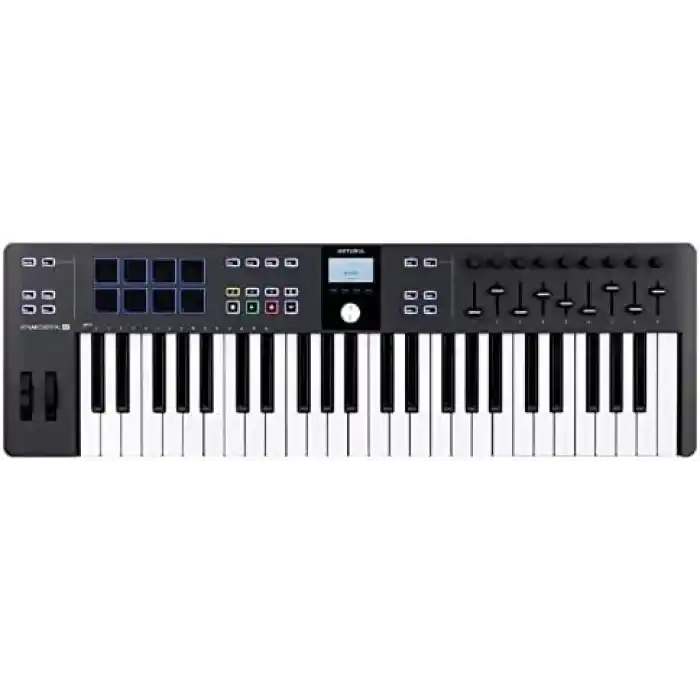 Arturia – Keylab Essential 49 mk3 | Müzik Prodüksiyonu İçin MIDI kontrolcü, Kapsamlı Yazılım Paketi, 49-Tuş, 9 Encoder, 9 Fader, 1 Modülasyon Tekerleği, 1 Pitch Bend Tekerleği, 8 pad – Siyah