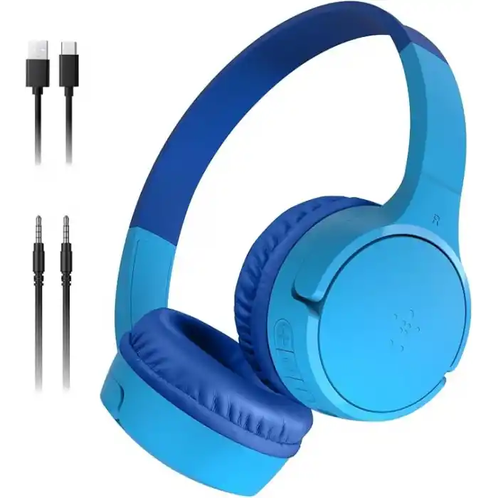 Belkin SoundForm Mini Çocuk Kablosuz Kulaklık (Mavi) – Dahili Mikrofon, 30 Saat Çalma, Eğlenceli Çıkartmalar, iPhone, iPad ve Galaxy Uyumlu
