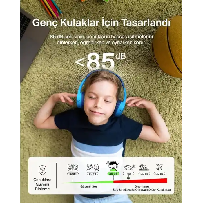 Belkin SoundForm Mini Çocuk Kablosuz Kulaklık (Mavi) – Dahili Mikrofon, 30 Saat Çalma, Eğlenceli Çıkartmalar, iPhone, iPad ve Galaxy Uyumlu