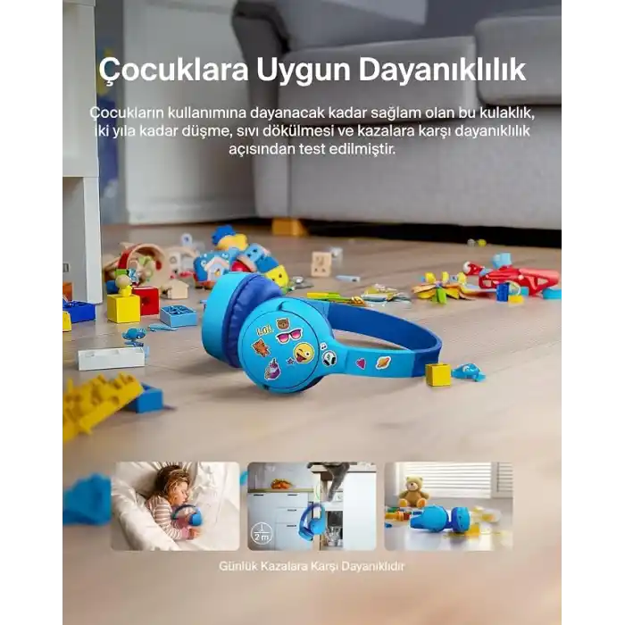 Belkin SoundForm Mini Çocuk Kablosuz Kulaklık (Mavi) – Dahili Mikrofon, 30 Saat Çalma, Eğlenceli Çıkartmalar, iPhone, iPad ve Galaxy Uyumlu