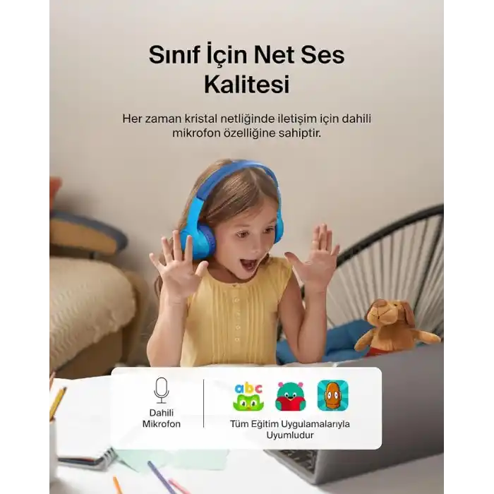 Belkin SoundForm Mini Çocuk Kablosuz Kulaklık (Mavi) – Dahili Mikrofon, 30 Saat Çalma, Eğlenceli Çıkartmalar, iPhone, iPad ve Galaxy Uyumlu