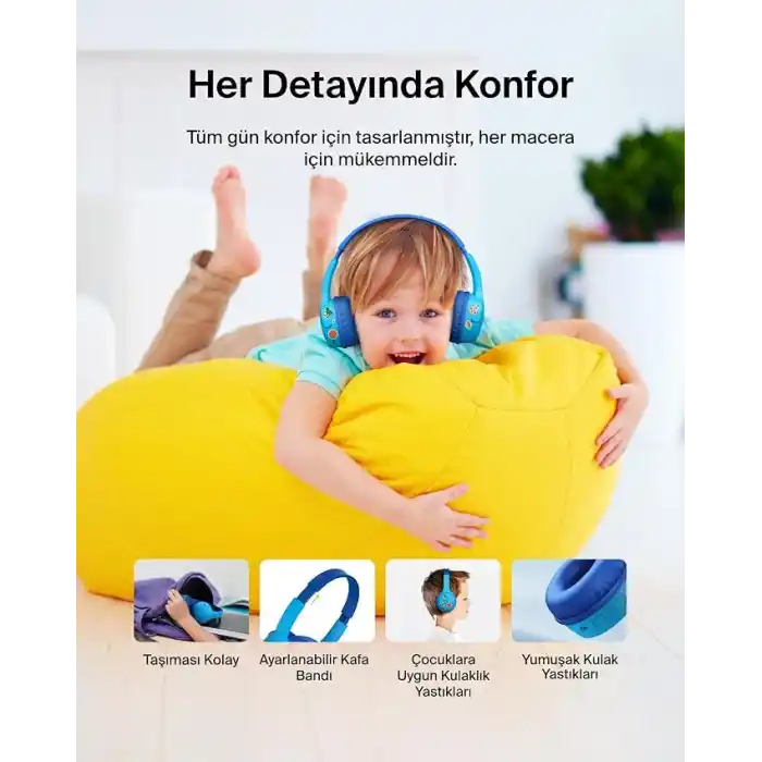 Belkin SoundForm Mini Çocuk Kablosuz Kulaklık (Mavi) – Dahili Mikrofon, 30 Saat Çalma, Eğlenceli Çıkartmalar, iPhone, iPad ve Galaxy Uyumlu