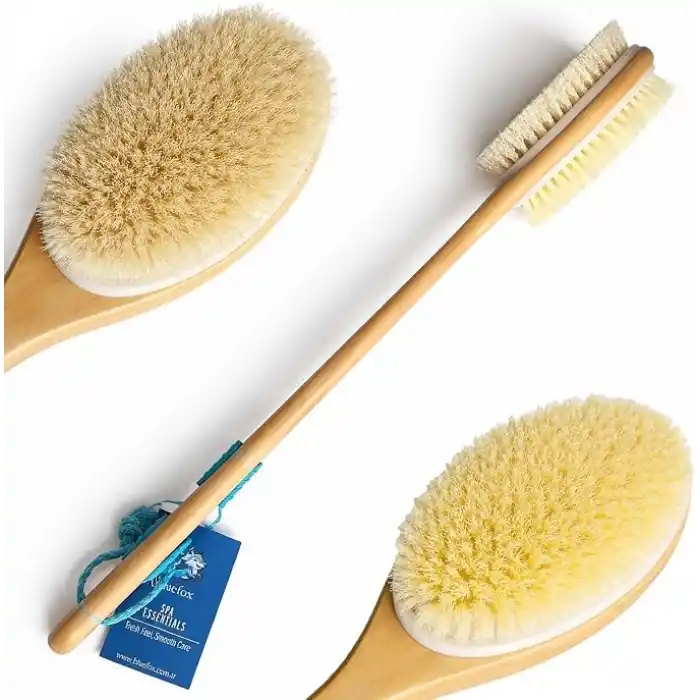 Bluefox Sırt ve Vücut Temizleme Fırçası - 2 Taraflı Sert & Yumuşak Lifli, Bambu Uzun Saplı (43cm), Ölü Deri ve Gözenek Temizleyici, Pürüzsüz ve Canlı Cilt İçin İdeal