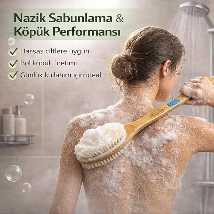 Bluefox Sırt ve Vücut Temizleme Fırçası - 2 Taraflı Sert & Yumuşak Lifli, Bambu Uzun Saplı (43cm), Ölü Deri ve Gözenek Temizleyici, Pürüzsüz ve Canlı Cilt İçin İdeal