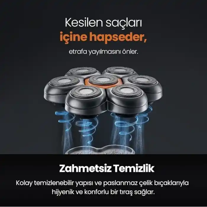 Relux RRS9000 7D Döner Başlıklı Kafa Tıraş Makinesi – IPX7 Islak & Kuru Kullanım, LED Ekran, 120 Dakika Kablosuz Kullanım