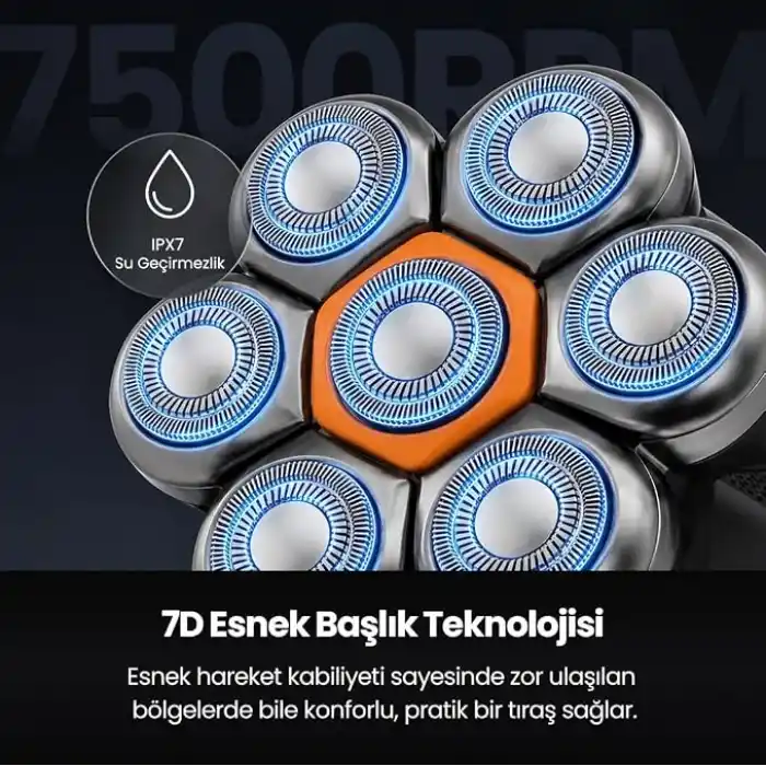 Relux RRS9000 7D Döner Başlıklı Kafa Tıraş Makinesi – IPX7 Islak & Kuru Kullanım, LED Ekran, 120 Dakika Kablosuz Kullanım