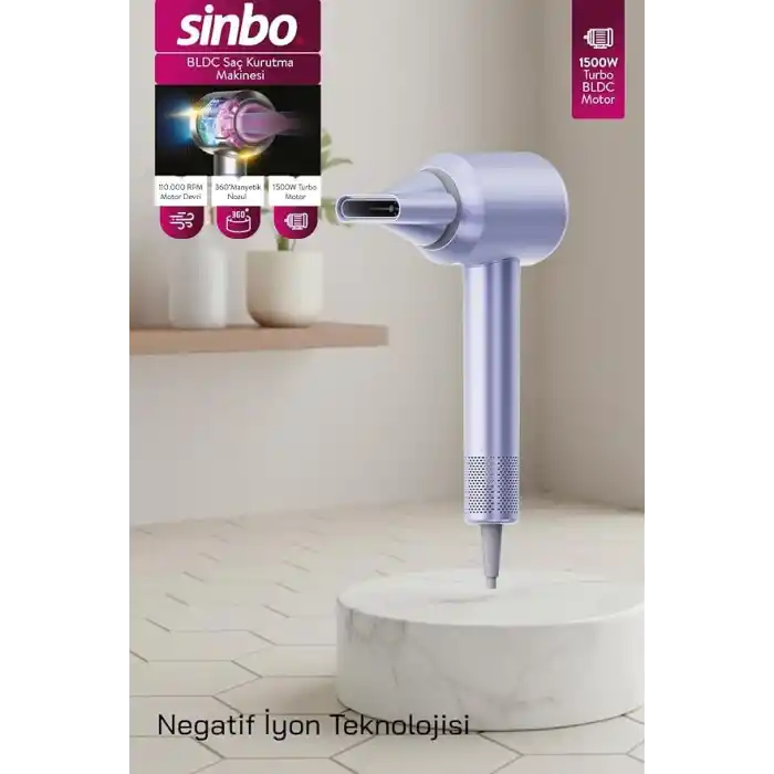 Sinbo SHD-1739 BLDC Saç Kurutma Makinesi, 1500W, 4 Isı 3 Hız Ayarı, Negatif İyon Teknolojisi, Mavi