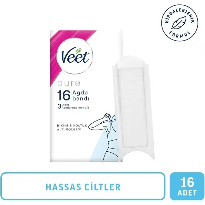 Veet Pure Hipoalerjenik Bikini Bölgesi & Koltuk Altı İçin Parfümsüz Sir Ağda Bandı (1 x 16 Adet), Bant