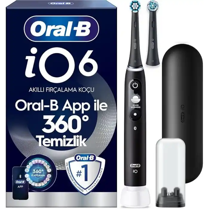 Oral-B iO6 Siyah Şarjlı/Elektrikli Diş Fırçası, 2 Fırça Başlığı, Uzun Ömürlü Pil, Premium Seyahat Kabı, Yedek Başlık Kabı