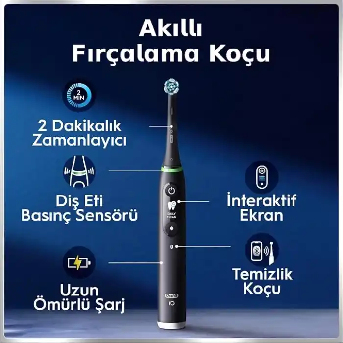 Oral-B iO6 Siyah Şarjlı/Elektrikli Diş Fırçası, 2 Fırça Başlığı, Uzun Ömürlü Pil, Premium Seyahat Kabı, Yedek Başlık Kabı