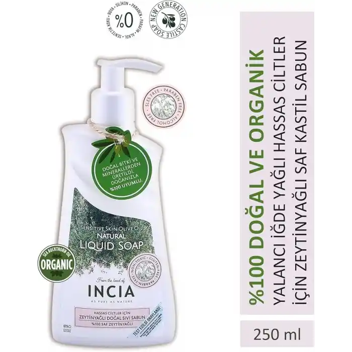 INCIA%100 Doğal Sıvı Kastil Sabunu Hassas Ciltler İçin Zeytinyağlı 10 Bitkisel Değerli Yağ Vegan 250 ml