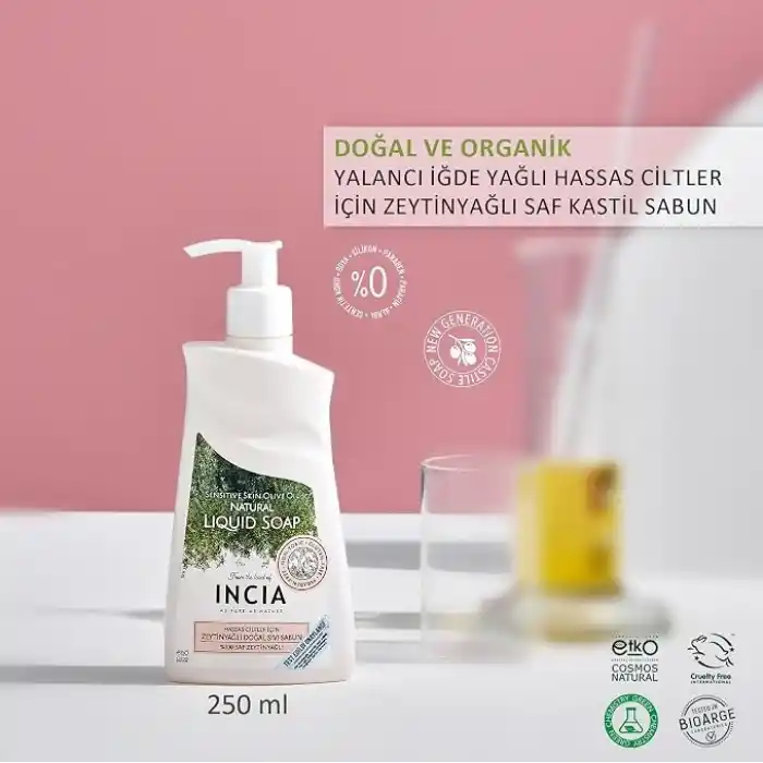 INCIA%100 Doğal Sıvı Kastil Sabunu Hassas Ciltler İçin Zeytinyağlı 10 Bitkisel Değerli Yağ Vegan 250 ml