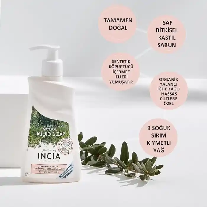 INCIA%100 Doğal Sıvı Kastil Sabunu Hassas Ciltler İçin Zeytinyağlı 10 Bitkisel Değerli Yağ Vegan 250 ml