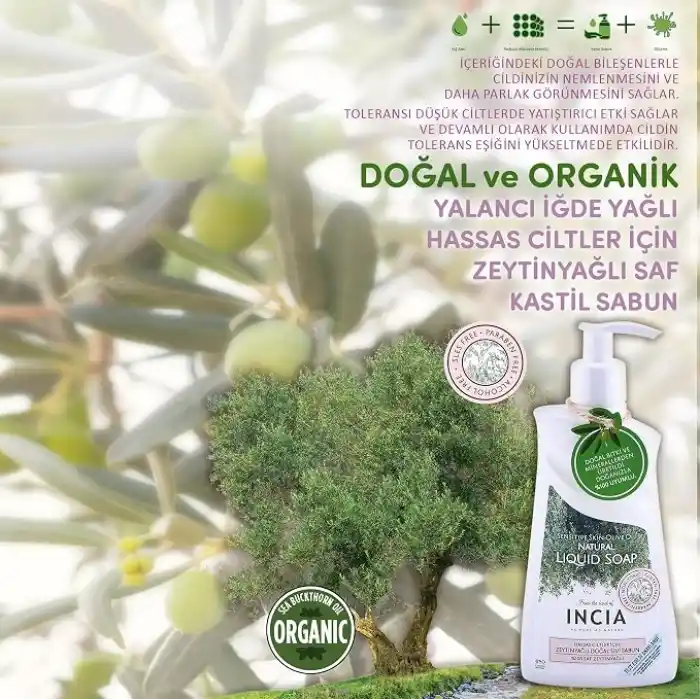 INCIA%100 Doğal Sıvı Kastil Sabunu Hassas Ciltler İçin Zeytinyağlı 10 Bitkisel Değerli Yağ Vegan 250 ml