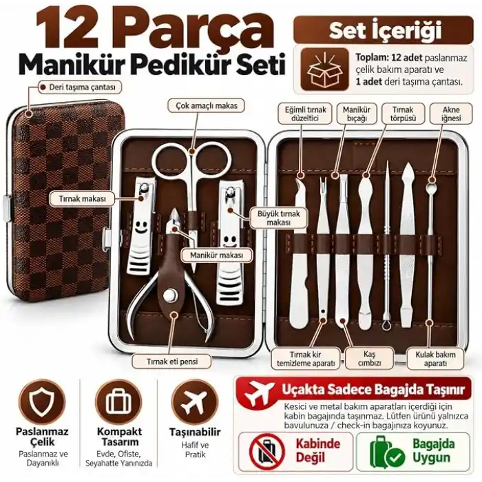 12 Parça Manikür ve Pedikür Seti, Paslanmaz Çelik Tırnak Bakım Seti, Tırnak Makası, Et Pensi, Cımbız, Törpü, Manikür Makası, Kadın, Erkek, El, Ayak Bakımı ve Seyahat Seti, Deri Çantalı