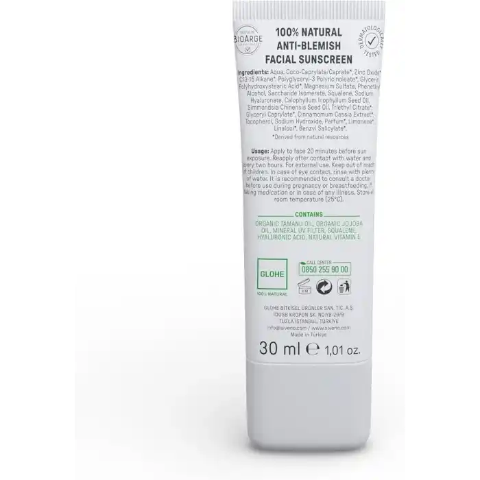 Siveno%100 Doğal Yüz Güneş Kremi Leke Karşıtı Aydınlatıcı Mineral Filtre UVA UVB SPF 50+ 30 ml