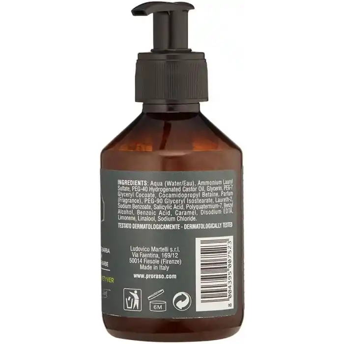 Proraso Cypress & Vetyver Sakal Şampuanı, kirleri gideren ve etkili bir şekilde temizleyen erkek sakal bakımı için profesyonel nemlendirici şampuan, 200 ml (1li Paket)