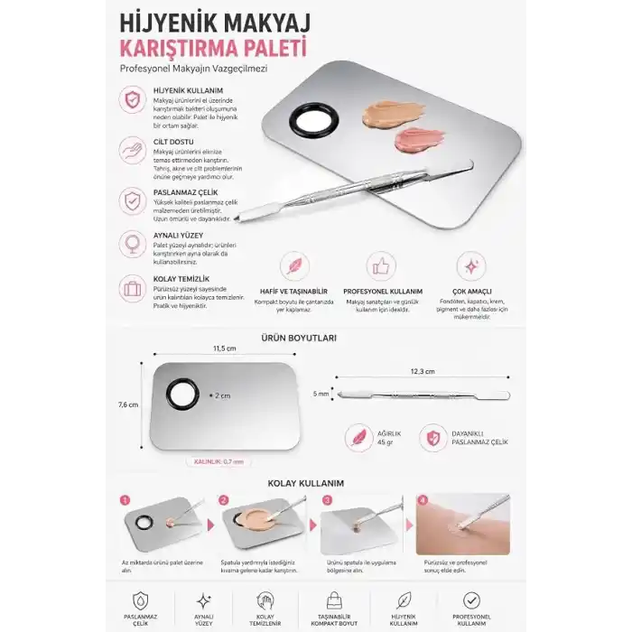 2 Parça Aynalı Çelik Makyaj Fondöten Krem Karıştırma Spatula Palet Set cin906