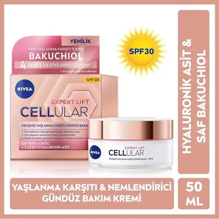 NIVEA Cellular Expert Lift Doğal Retinol Alternatifi Saf Bakuchiol ve Hyaluronik Asit içeren Kırışıklık Karşıtı ve Nemlendirici Gündüz Kremi 50 ml