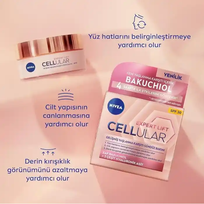 NIVEA Cellular Expert Lift Doğal Retinol Alternatifi Saf Bakuchiol ve Hyaluronik Asit içeren Kırışıklık Karşıtı ve Nemlendirici Gündüz Kremi 50 ml