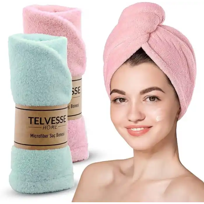 TELVESSE Mikrofiber Saç Havlusu Süper Emici Hızlı Kuruyan Türban Saç Havlusu Şapkası – Uzun Kıvırcık Kalın Saçlar İçin Duş Saç Kurutma Havlusu, Plaj Havuz Banyo Kullanım (2li Pembe + Turkuaz)