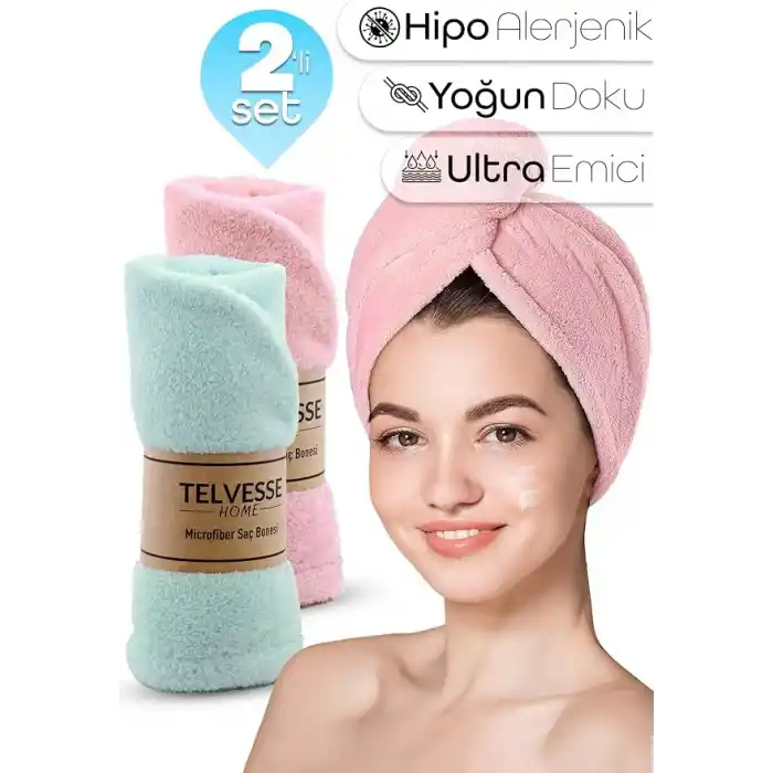 TELVESSE Mikrofiber Saç Havlusu Süper Emici Hızlı Kuruyan Türban Saç Havlusu Şapkası – Uzun Kıvırcık Kalın Saçlar İçin Duş Saç Kurutma Havlusu, Plaj Havuz Banyo Kullanım (2li Pembe + Turkuaz)