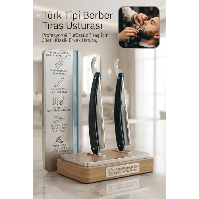Transformacion Profesyonel Berber Usturası - 2li Set Sakal Şekillendirme ve Pürüzsüz Tıraş İçin Jiletli Klasik Erkek Ustura, Türk Tipi Çelik Tıraş Bıçağı 721910